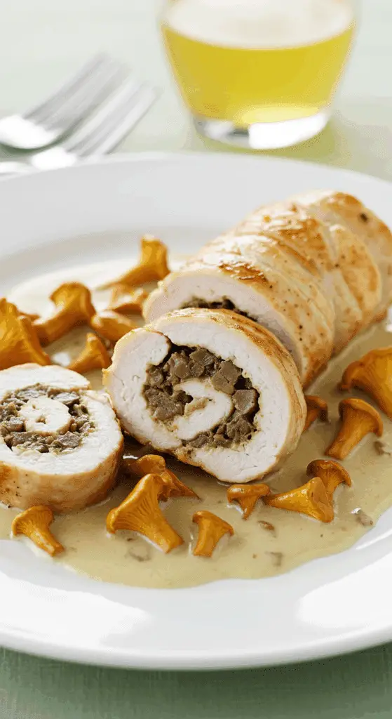 Roulades de poulet aux girolles tranchées montrant la farce aux champignons