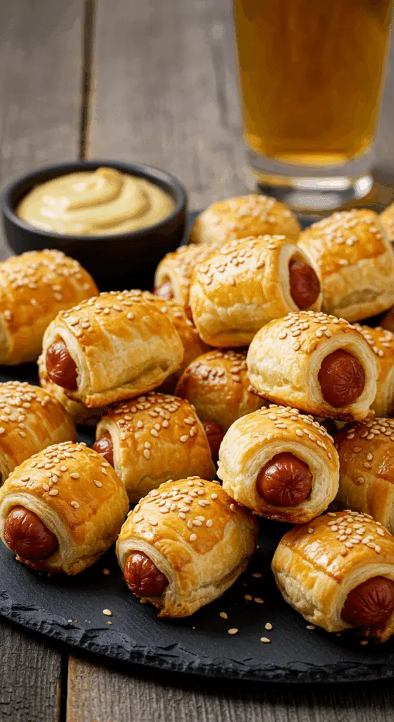 Roulés feuilletés à la saucisse dorés sur planche bois rustique