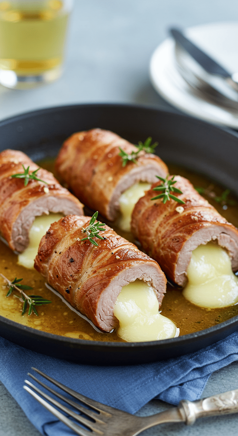 Roulés de filet mignon de porc au Camembert de Normandie tranchés sur assiette