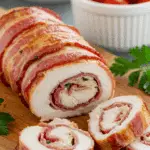 Roulés de poulet au lard tranchés montrant la spirale bacon-poulet