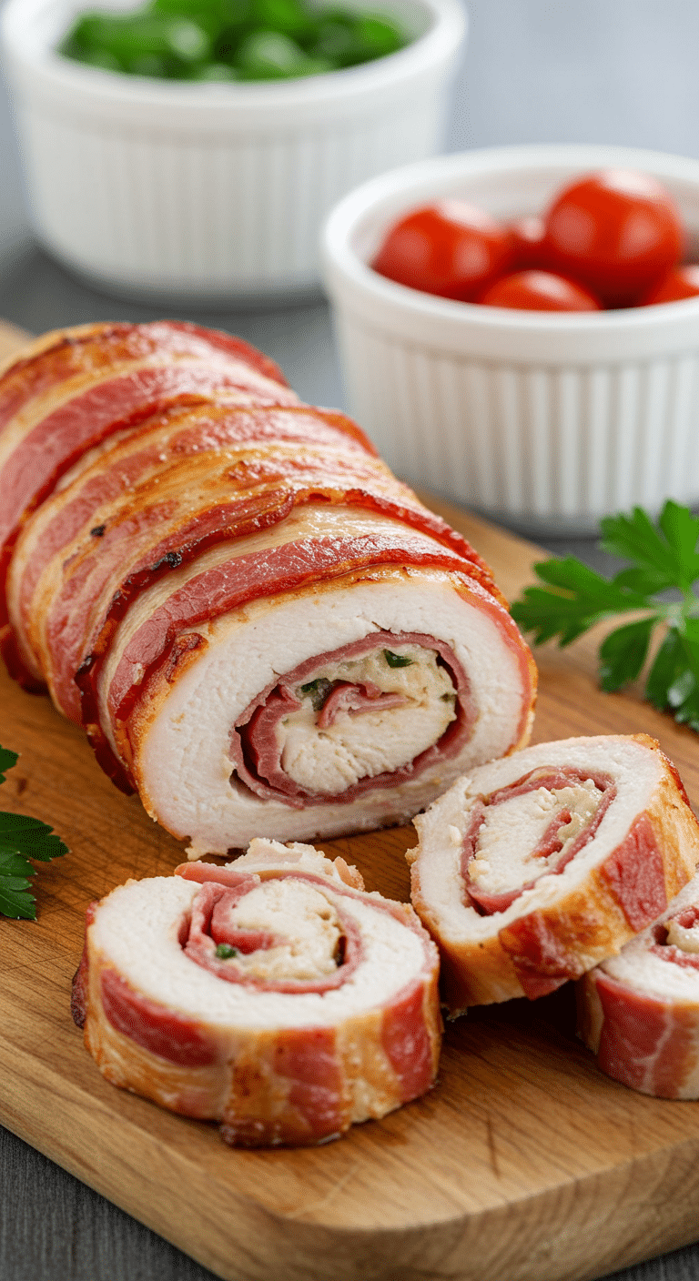 Roulés de poulet au lard tranchés montrant la spirale bacon-poulet