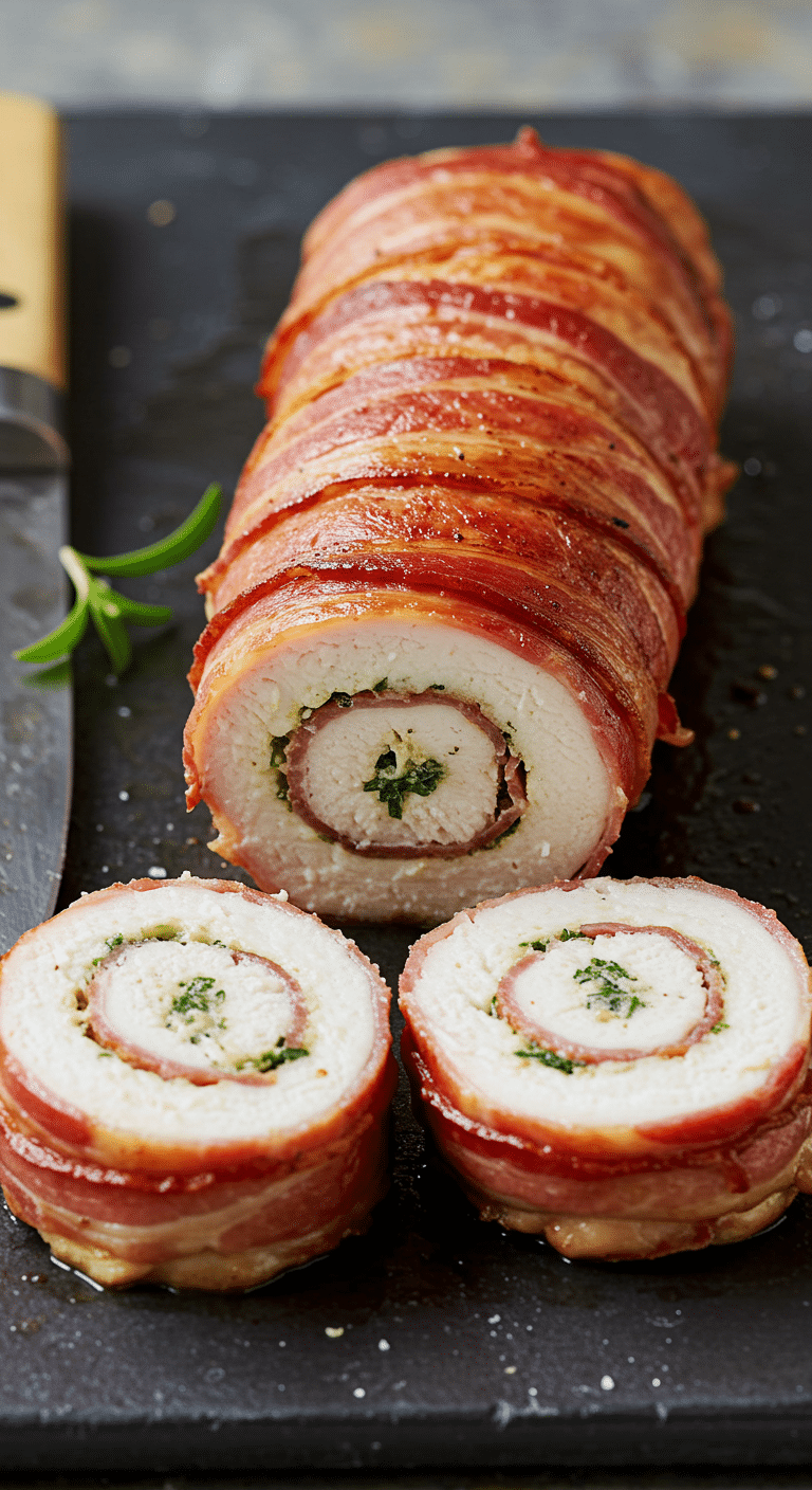 Roulés de poulet au lard tranchés montrant spirale bacon doré plat français