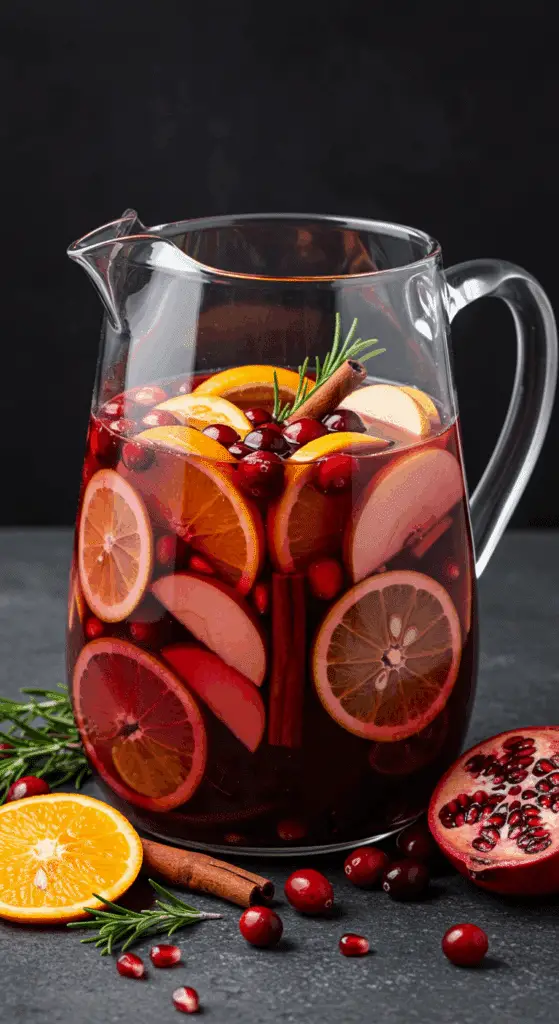 Sangria de Noël sans alcool festive dans une carafe en verre avec fruits colorés