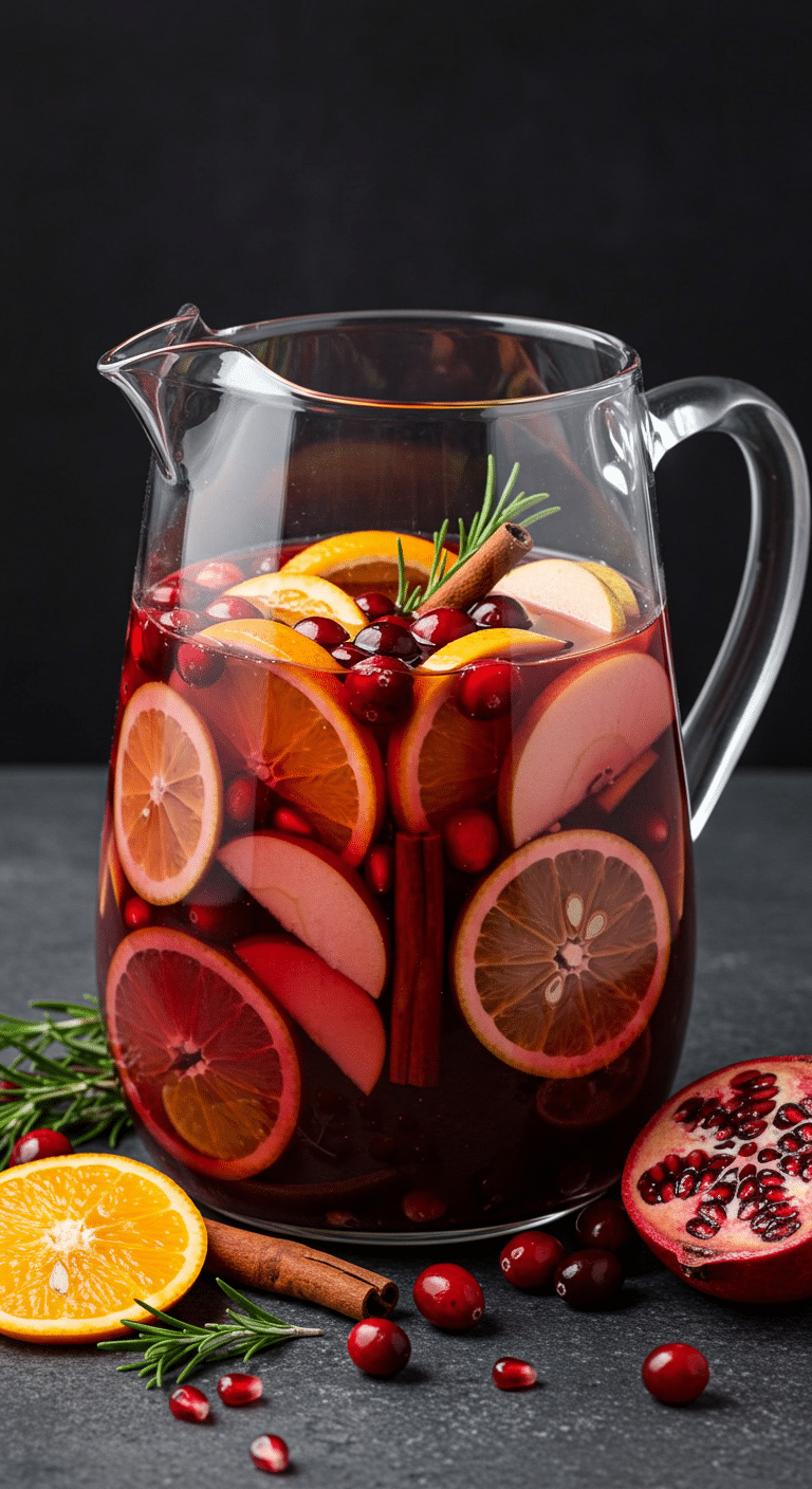 Sangria de Noël sans alcool festive dans une carafe en verre avec fruits colorés