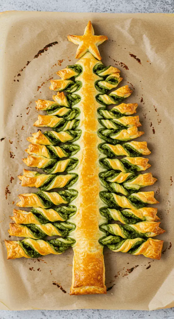Sapin feuilleté au pesto doré avec branches torsadées sur bois rustique