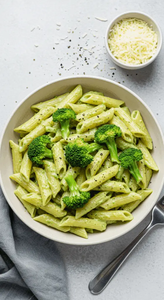 Sauce à la crème de brocoli et penne dans un bol blanc avec parmesan râpé