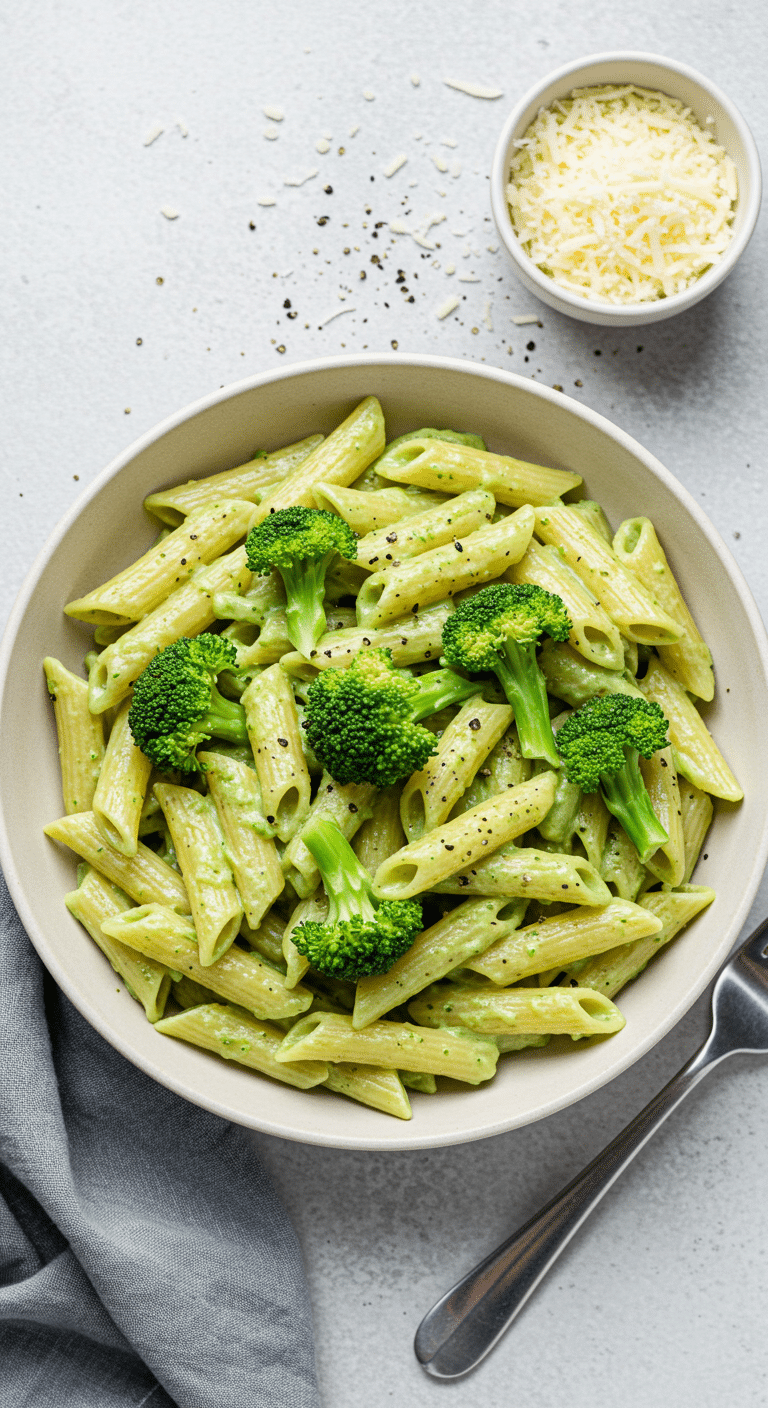 Sauce à la crème de brocoli et penne dans un bol blanc avec parmesan râpé