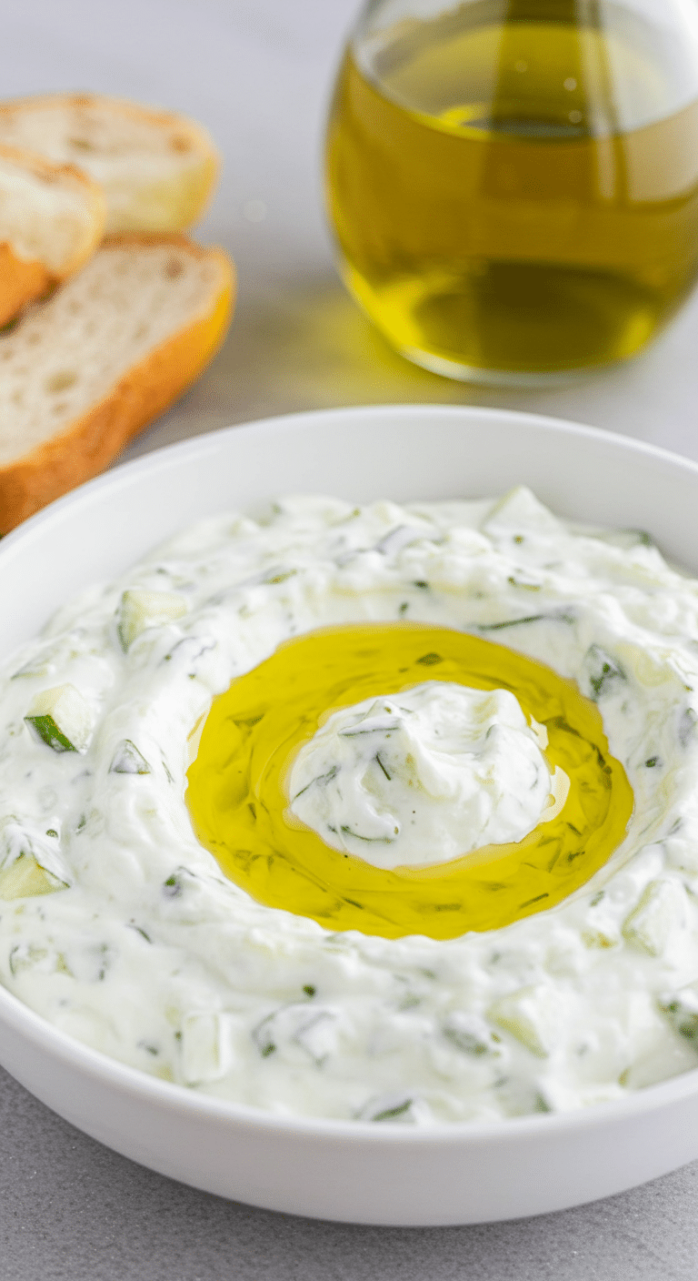 Sauce Tzatziki Grecque authentique dans bol blanc avec concombre herbes fraîches