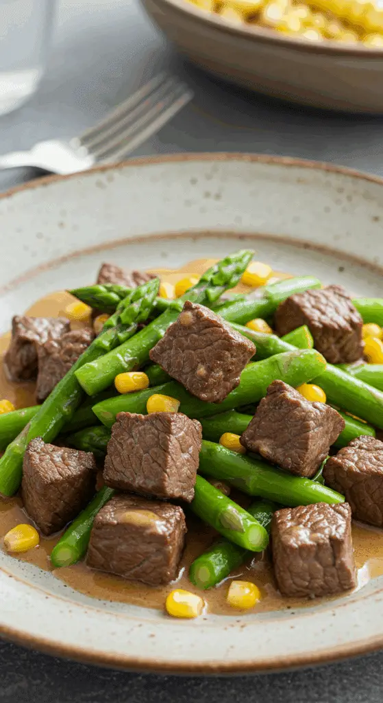 Sauté de bœuf aux asperges dans un bol rustique avec sauce dorée