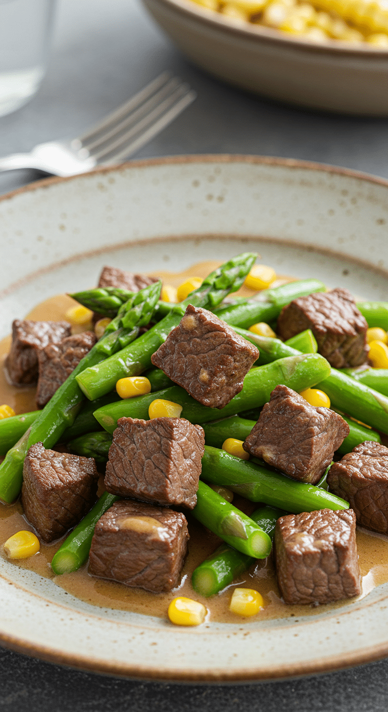 Sauté de bœuf aux asperges dans un bol rustique avec sauce dorée