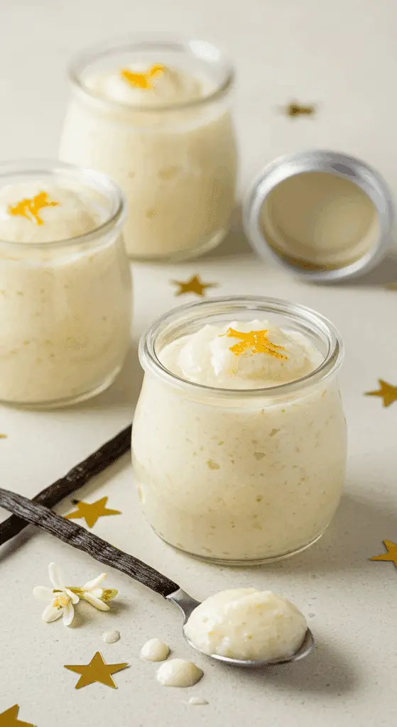 Semoule au lait crémeuse fleur d'oranger ramequins blancs pistaches présentation élégante