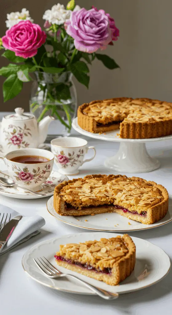 Service afternoon tea tarte Bakewell tranchée porcelaine fine théières britanniques