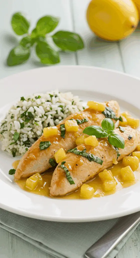 Aiguillettes poulet citron confit élégamment dressées avec riz aux herbes
