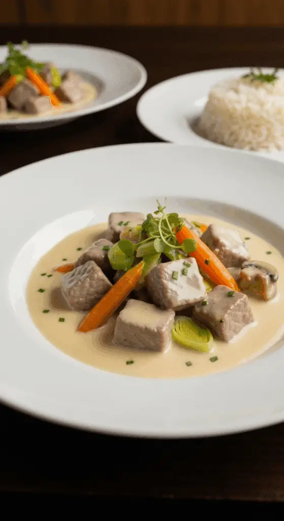 Blanquette de veau à la vanille élégamment dressée avec riz basmati