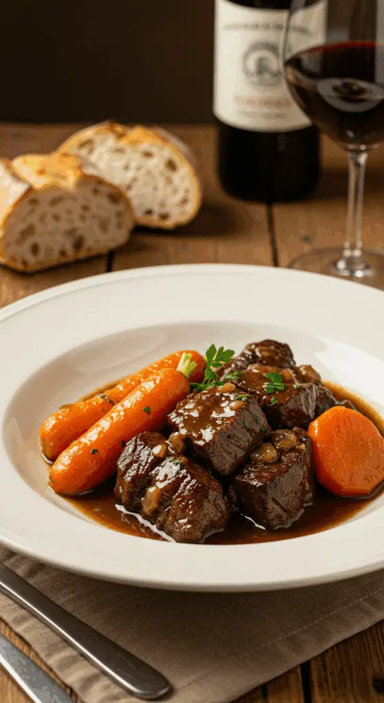Bœuf braisé aux carottes servi dans assiette blanche élégante