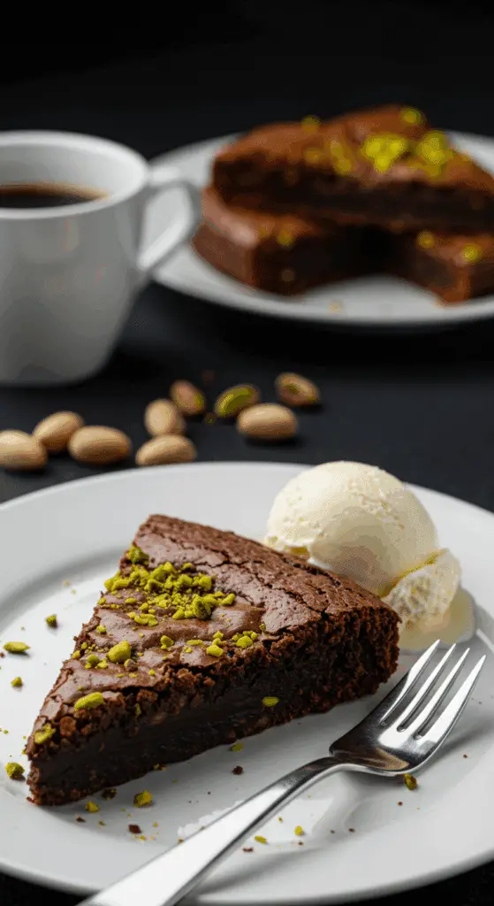 Part brownie pistache service élégant glace vanille restaurant