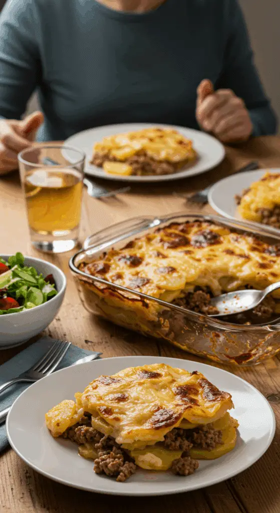 Service casserole pommes terre bœuf portions assiettes salade table familiale française