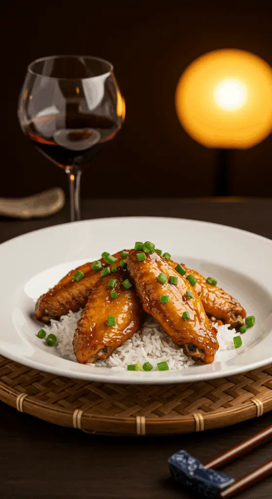 Chicken Wings caramel élégamment servies avec riz jasmin présentation vietnamienne