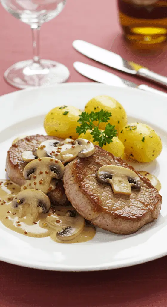 Service côtes veau sauce moutarde champignons pommes terre présentation élégante bistrot
