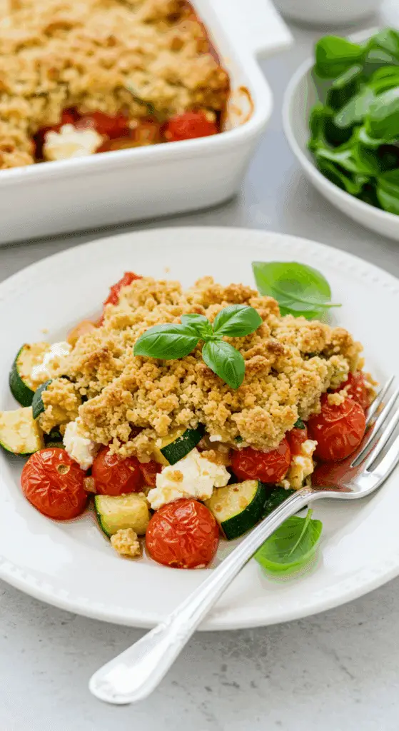 Portion de crumble aux tomates courgettes et chèvre servie