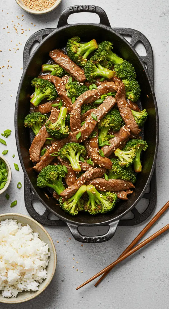 Service de l'émincé au brocoli avec riz et baguettes dans un cadre asiatique