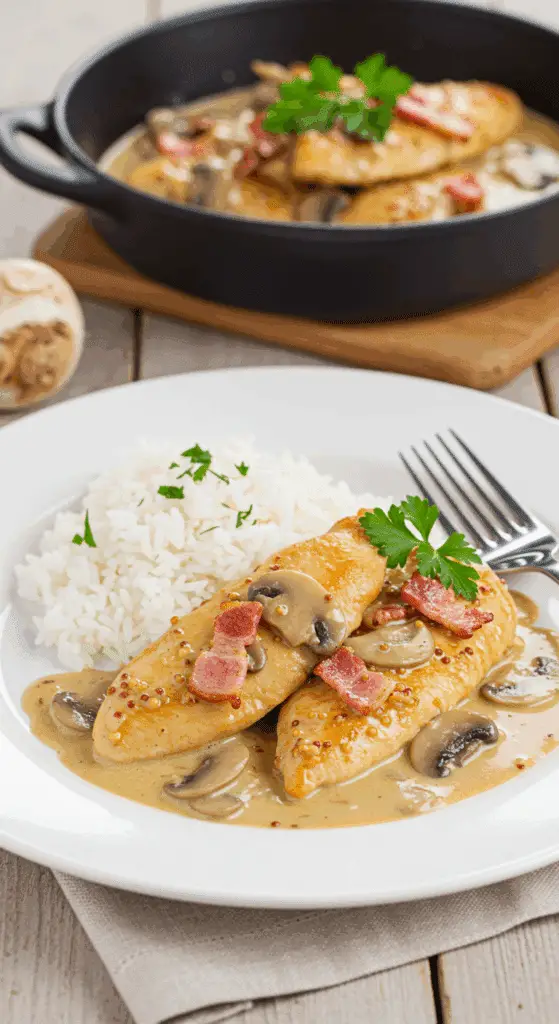 Service émincés poulet moutarde lardons assiette blanche riz persil bistrot