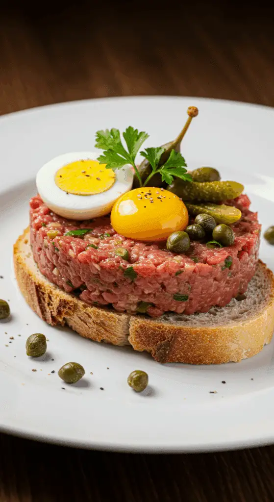 Service élégant de filet américain sur toast avec garnitures