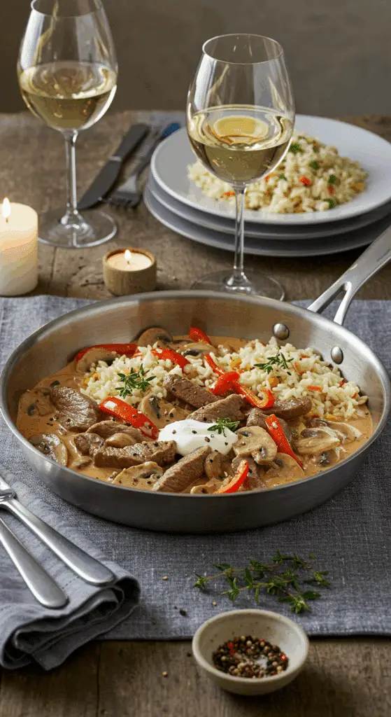 Service du filet de bœuf Stroganov avec riz pilaf dans un cadre de dîner élégant