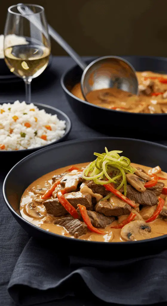 Service du filet de bœuf Stroganov avec riz pilaf dans un cadre de dîner élégant