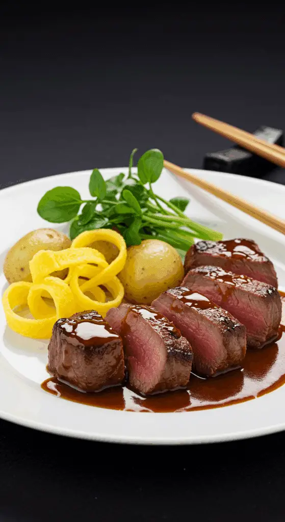 Service filet mignon cantonaise lanières œuf cresson pommes terre baguettes présentation fusion