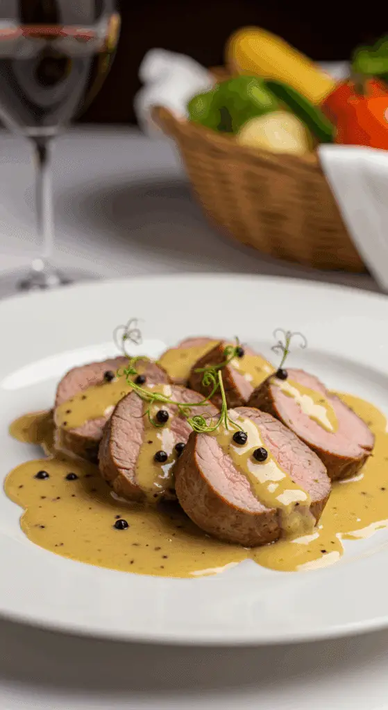 Filet mignon poivre Madère élégamment dressé sauce crémeuse restaurant