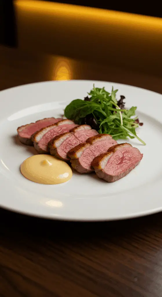Magret canard foie gras dressé assiette chaude présentation restaurant
