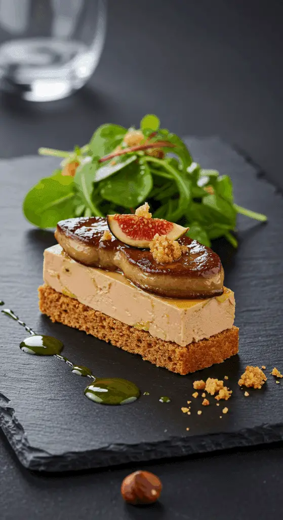 Opéra foie gras dressé assiette ardoise salade mesclun présentation