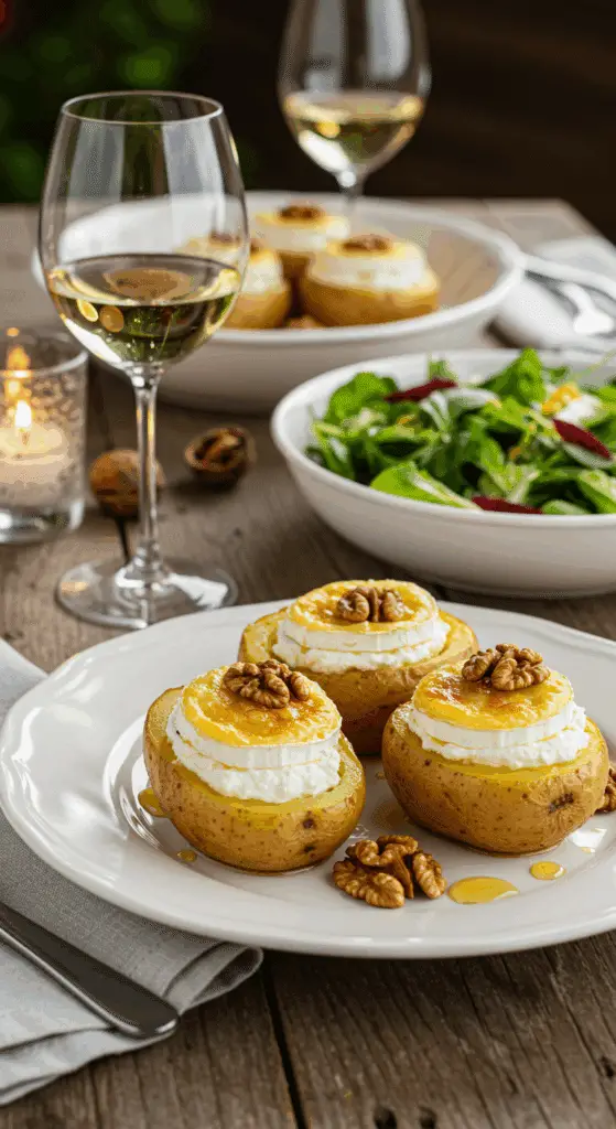 Service pommes terre farcies assiettes blanches salade vin chandelles