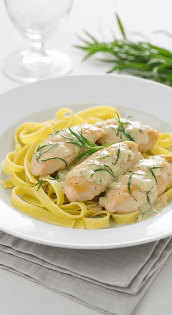 Poulet au Carré Frais et à l'estragon servi avec des tagliatelles