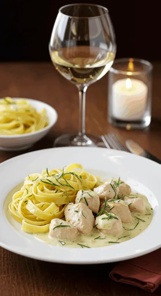 Service poulet carré frais estragon tagliatelles verre vin bistrot français