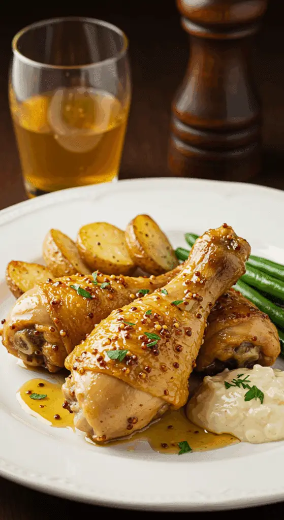 Cuisses de poulet au miel et moutarde servies avec légumes