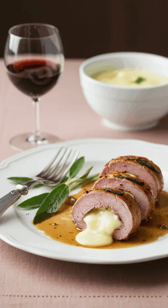 Roulés de filet mignon au Camembert élégamment dressés avec sauce