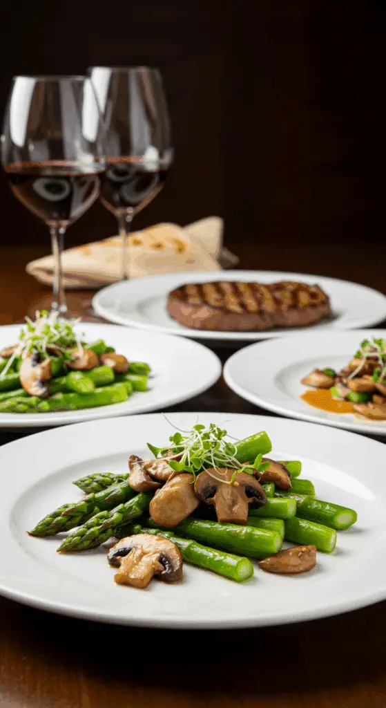 Service élégant asperges et champignons sautés sur assiettes blanches
