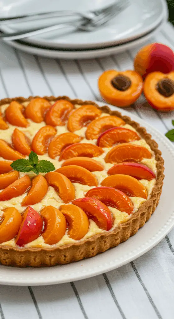 Service tarte abricots amande assiette porcelaine glaçage brillant