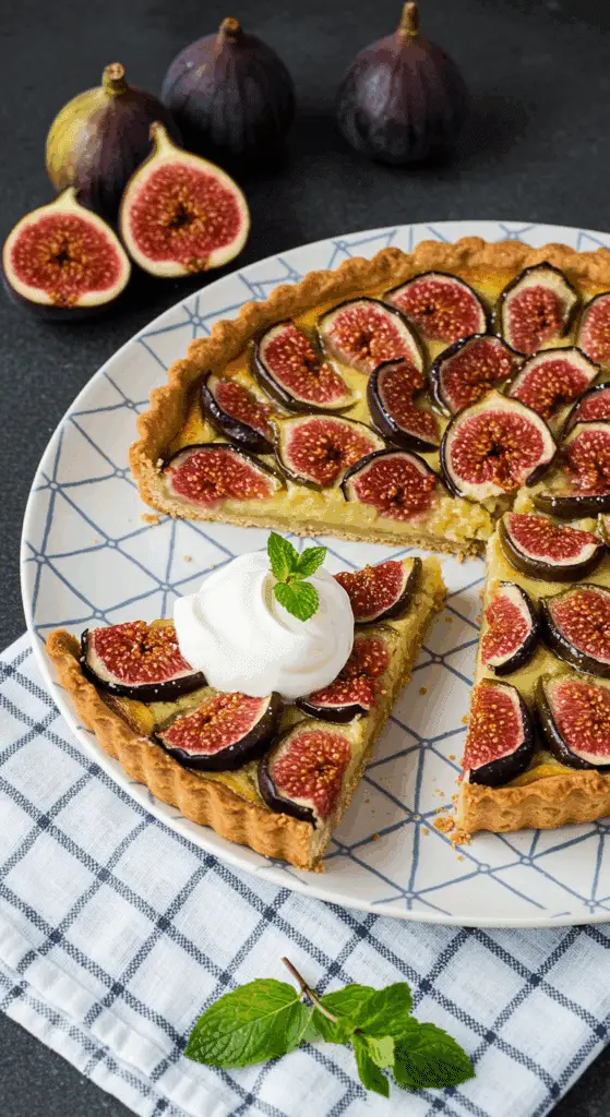 Part de tarte aux figues servie avec crème chantilly élégante