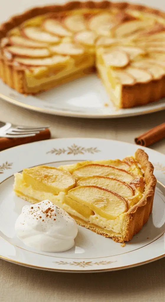 Service élégant part tarte pommes crémeuse assiette porcelaine chantilly cannelle