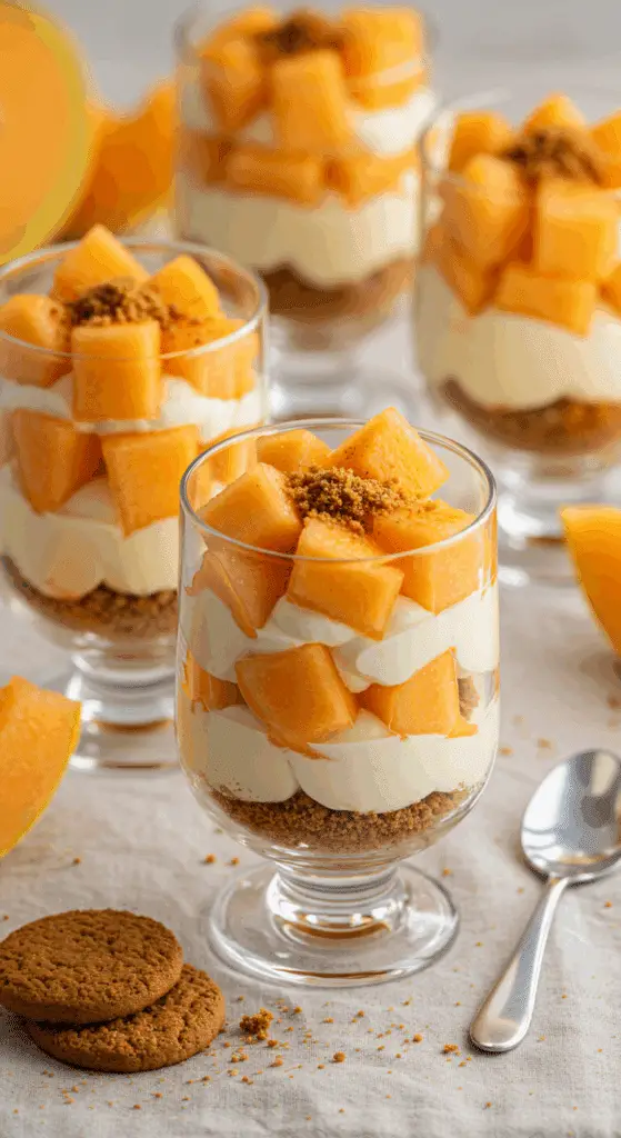 Service tiramisu melon speculoos sur table estivale avec décoration