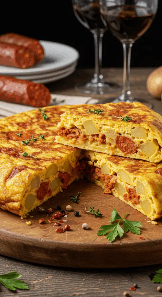 Service tortilla espagnole parts triangulaires planche bois herbes fraîches tapas