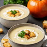 Soupe crémeuse chou-fleur bol blanc garnie herbes fromage cuillère éclairage chaud