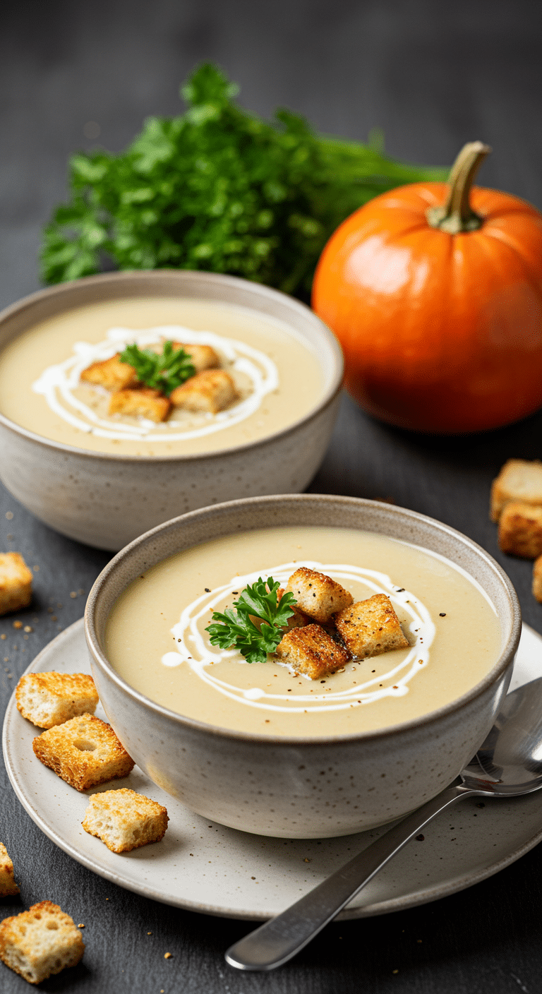 Soupe crémeuse chou-fleur bol blanc garnie herbes fromage cuillère éclairage chaud