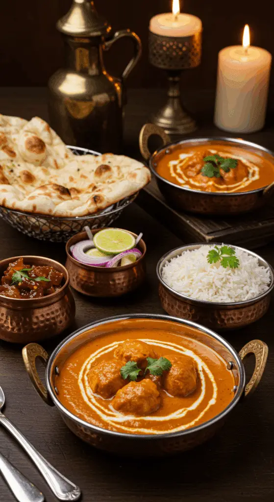 Table indienne traditionnelle tikka masala pain naan riz basmati chutney plats cuivre