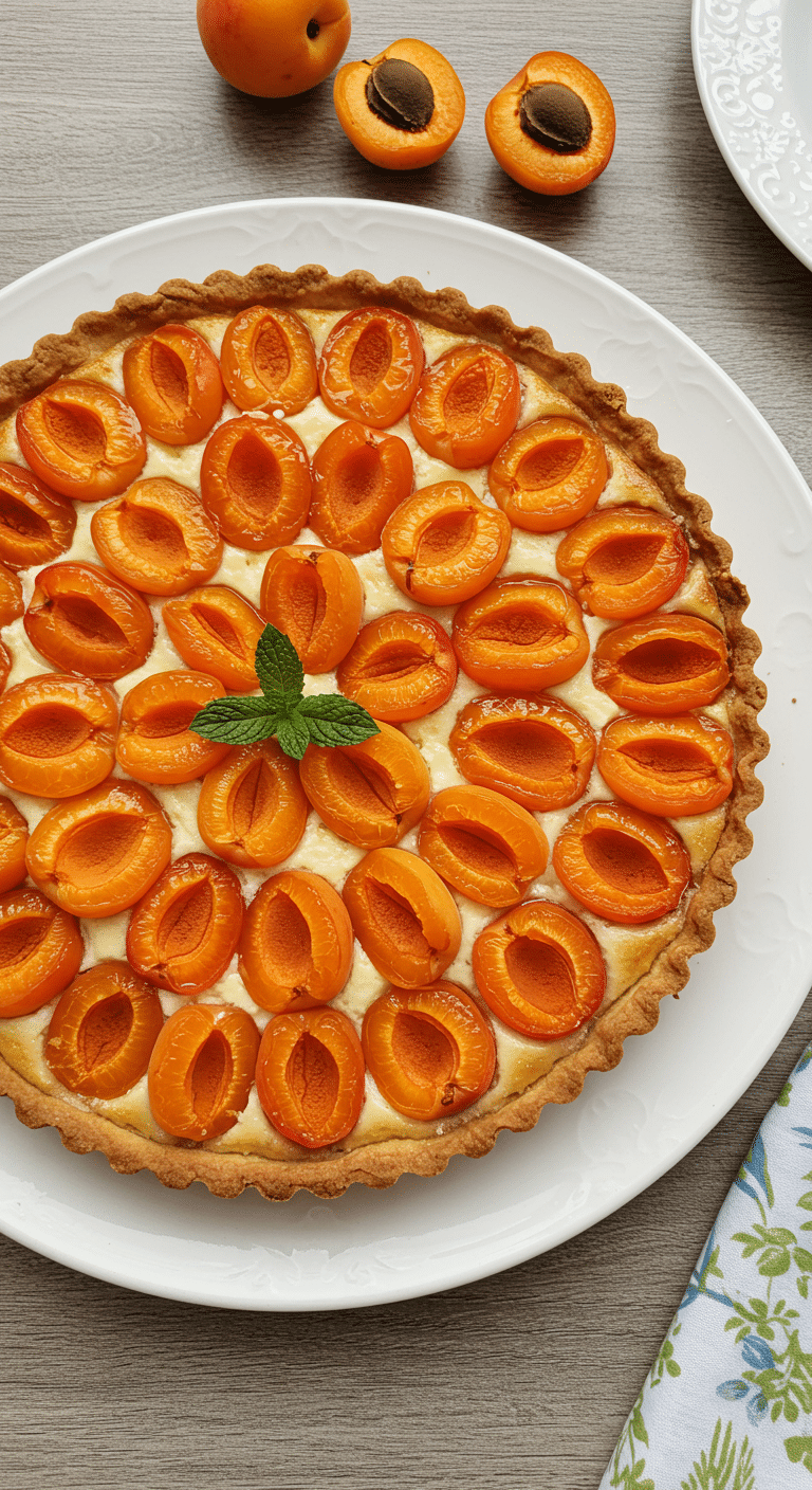 Tarte aux abricots et crème d'amande dorée parfaite sur bois rustique