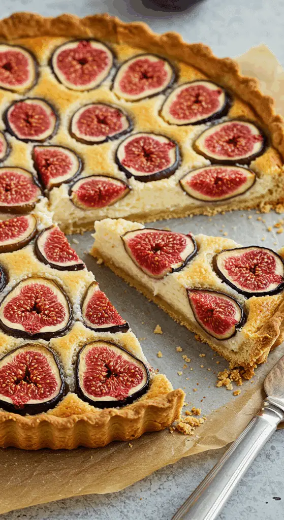 Tarte amandine aux figues élégante sur présentoir porcelaine