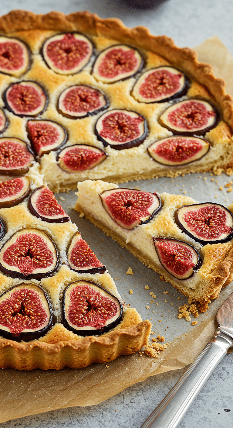 Tarte amandine aux figues élégante sur présentoir porcelaine